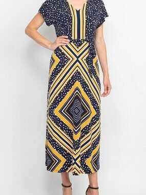 London Times Flutter Sleeve V-Neck Tea-Length Dress